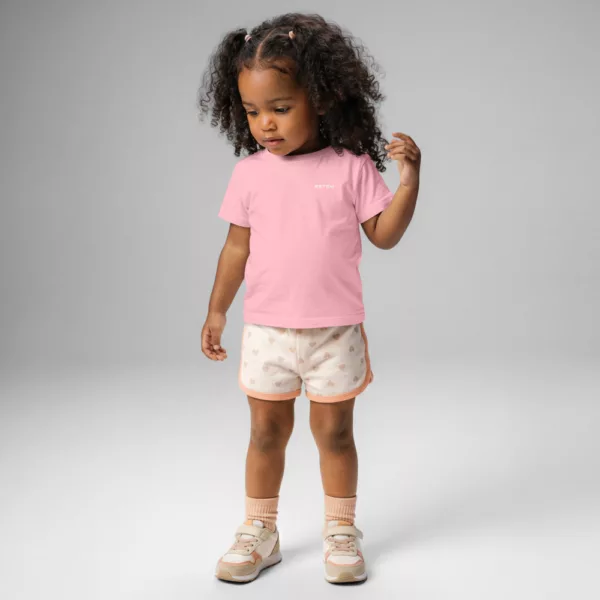 Body Paparon – Coton bio rose, face T-shirt bébé Paparon Estey coton peigné rose, vue face, emblème Estey imprimé, bébé