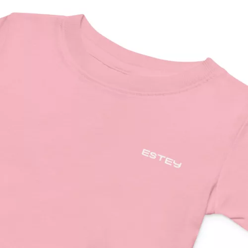 Body Paparon – Détail rose, broderie encolure T-shirt bébé Paparon Estey coton peigné rose, détail encolure et impression, finitions premium