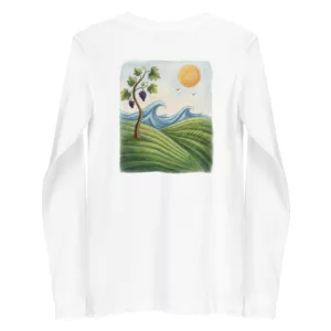 T-shirt unisexe à manches longues Estey en coton blanc, vue de dos avec l'imprimé vignes et océan