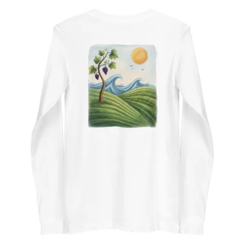 unisex-long-sleeve-tee-white-back-6a3bcdb481019.jpg T-shirt unisexe à manches longues Estey en coton blanc, vue de dos avec l'imprimé vignes et océan