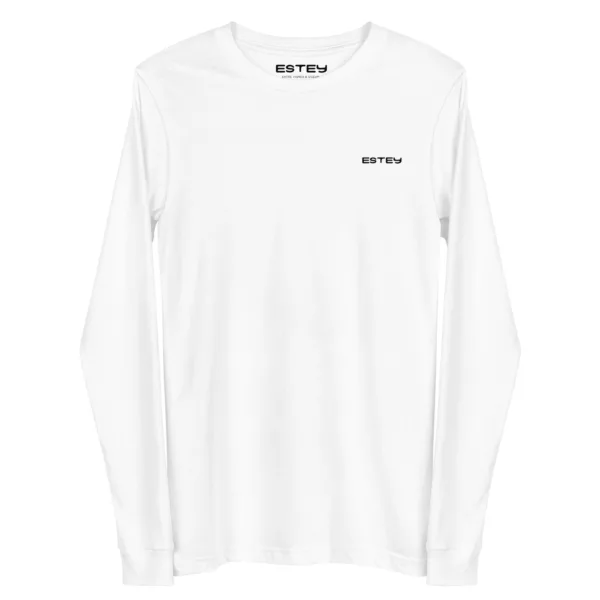 unisex-long-sleeve-tee-white-front-6a3bcdb47f552.jpg T-shirt unisexe à manches longues Estey en coton blanc, vue de face avec le logo brodé