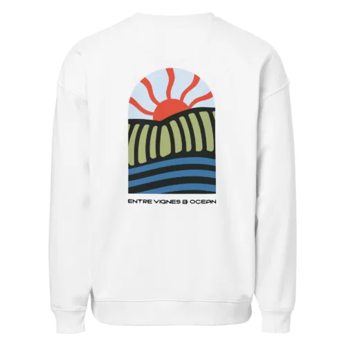Sweat Macaron – Zoom col et poche Sweat oversize Macaron ESTEY blanc en molleton 350 g/m², vue de dos avec impression