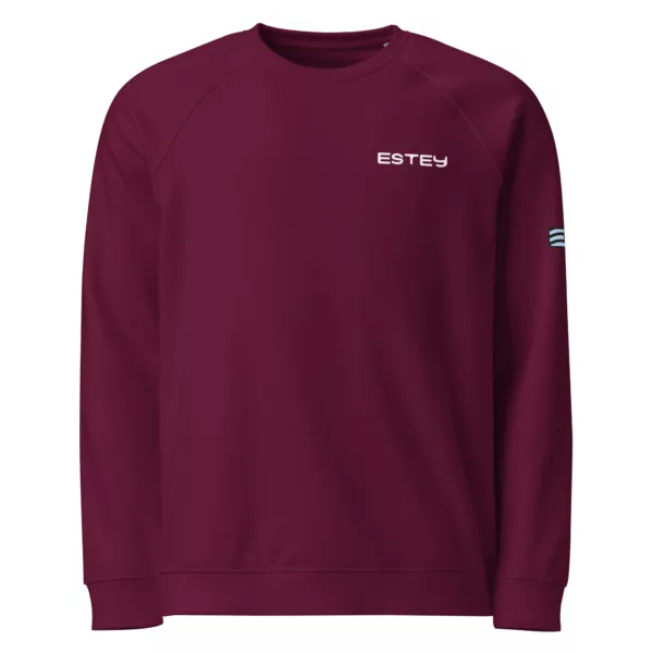 Sweat col rond Genèse Estey coton 280 g/m², détail du logo imprimé Estey gros plan, finitions premium