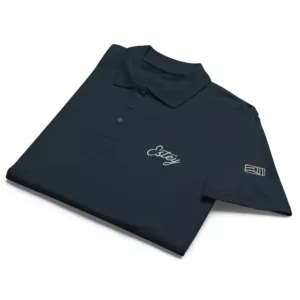 Polo Coteaux Estey coton piqué navy, détail col boutonné et broderie, 210 g/m², finitions