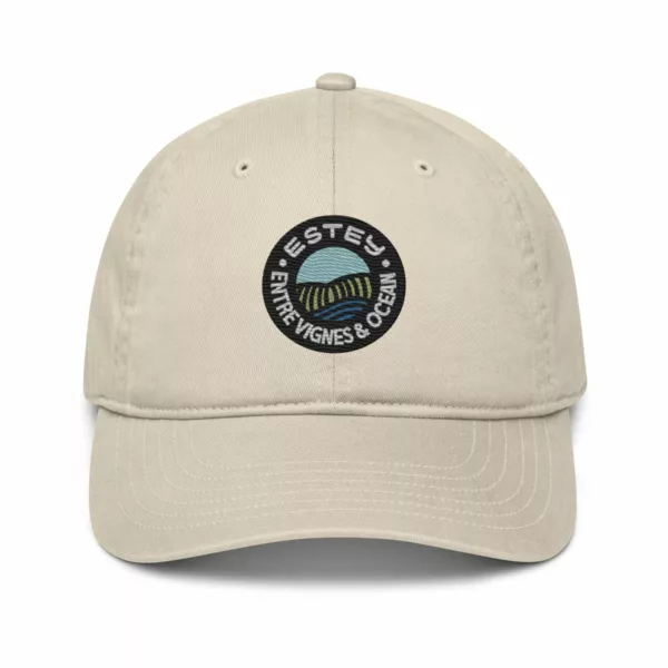 Casquette Dune Estey coton bio beige oyster vue de face, écusson brodé vignes et océan